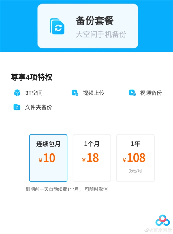 百度网盘上线备份/工作/娱乐三大套餐：都比超级会员便宜