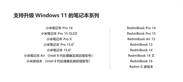 小米笔记本Windows  11升级名单公布：共15款 有你吗？