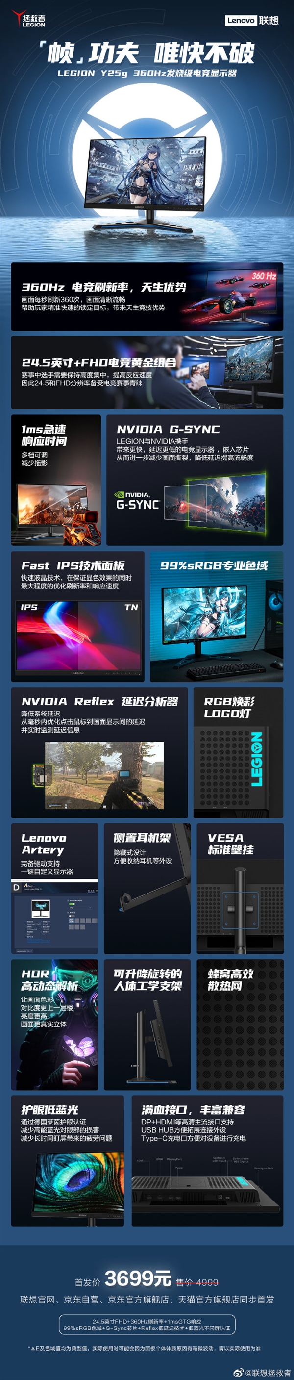 联想发布拯救者Y25G电竞显示器：360Hz+1ms响应 3699元